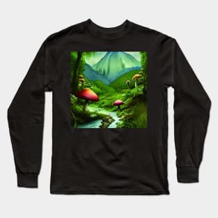 Mushroom And Mountains, Digital Painting Of Nature Long Sleeve T-Shirt